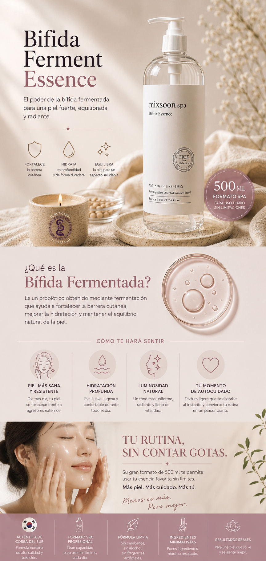 Mixsoon SPA Bifida Essence 500ml - Bífida fermentada: fortalece, hidrata y equilibra. 500ml formato spa sin limitaciones. Auténtica de Corea del Sur, fórmula limpia, ingredientes minimalistas. Tu rutina, sin contar gotas