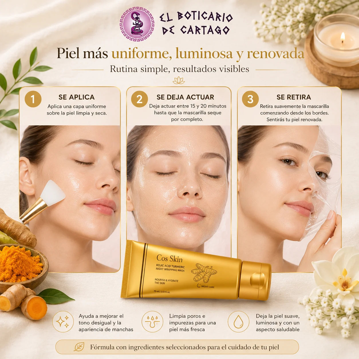Modo de uso de mascarilla facial peel off: aplicar sobre piel limpia, dejar actuar y retirar como segunda piel.