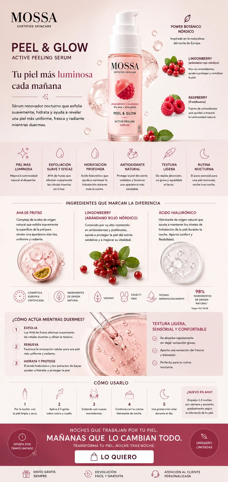 Infografía premium del sérum Peel & Glow de MOSSA con AHA de frutas, ácido hialurónico y bayas nórdicas. Beneficios de luminosidad, hidratación y renovación suave con llamada a la acción para completar la rutina nocturna.
