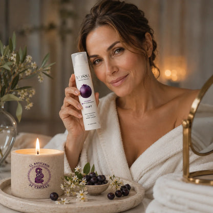 Mujer aplicando su rutina facial nocturna con la crema reafirmante Mossa V-Lift en un ambiente spa premium con vela decorativa.
