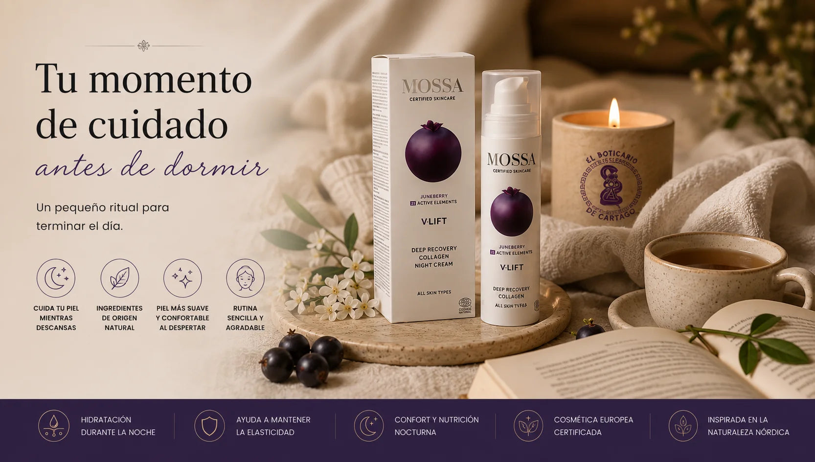 Ritual nocturno de cuidado facial con la crema reafirmante Mossa V-Lift, vela decorativa, infusión y ambiente spa premium inspirado en la naturaleza nórdica.