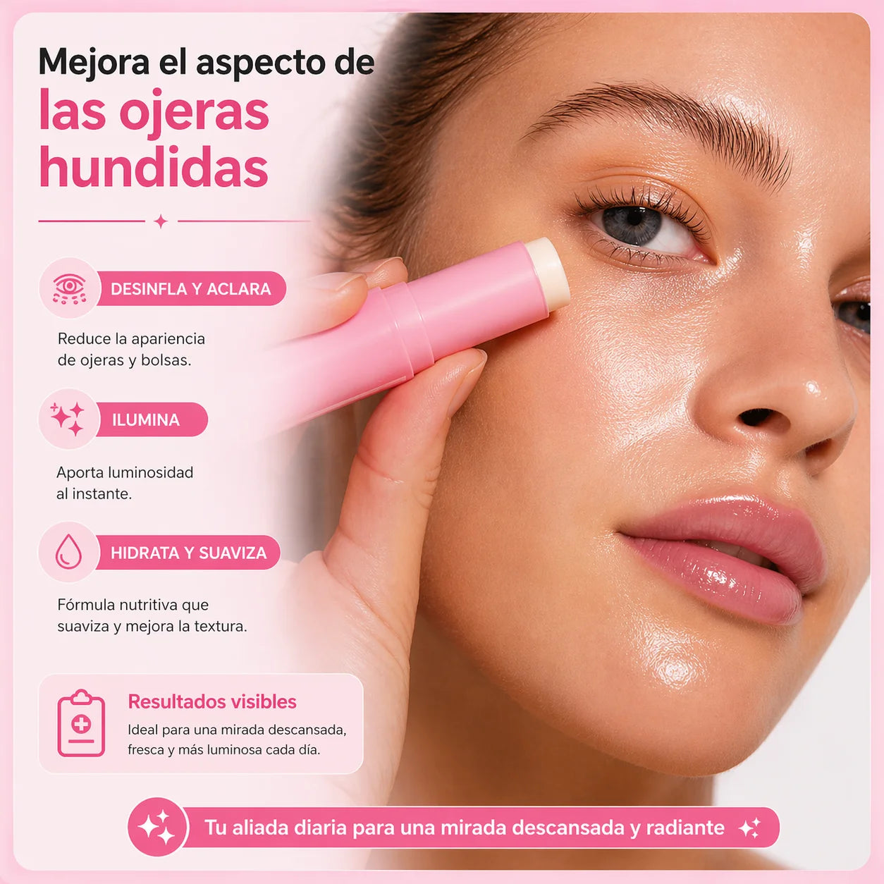 Mujer aplicando el Bálsamo Stick de PDRN y Colágeno 200 Dalton en el rostro para mejorar firmeza y luminosidad.