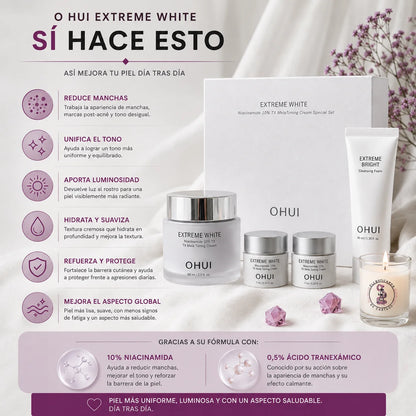 Infografía OHUI Extreme White sí hace esto — reduce manchas, unifica el tono, aporta luminosidad, hidrata y refuerza la barrera cutánea con 10% niacinamida y 0,5% ácido tranexámico