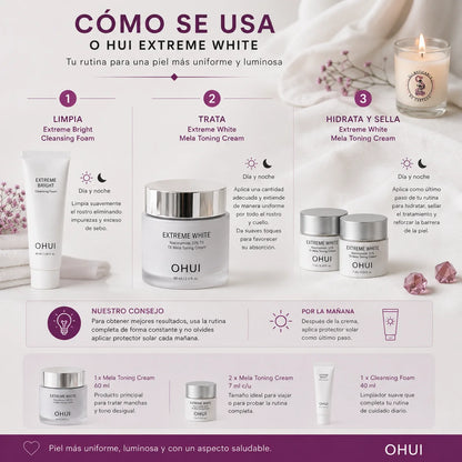 Infografía cómo usar OHUI Extreme White en 3 pasos: limpia con Extreme Bright Cleansing Foam, trata y sella con MelaToning Cream 60ml día y noche, para piel más uniforme y luminosa