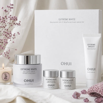 Set OHUI Extreme White con crema MelaToning 60ml, dos miniaturas 7ml y espuma limpiadora Extreme Bright 40ml, packaging blanco premium importado desde Corea por El Boticario de Cartago