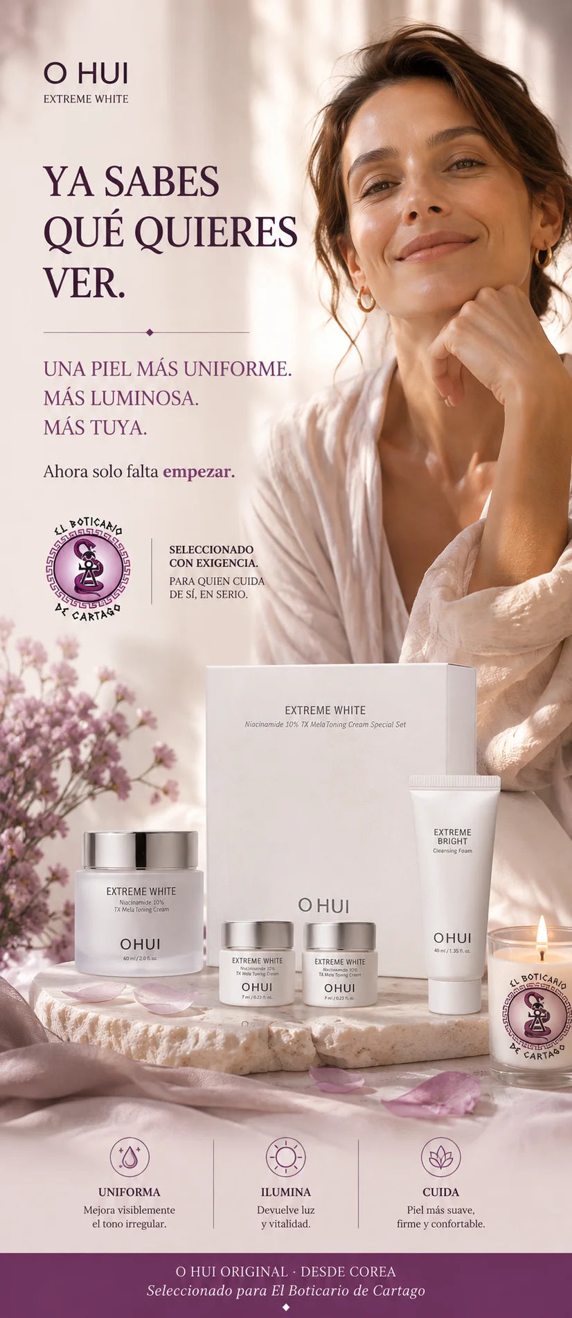 Mujer con piel uniforme y luminosa junto al set OHUI Extreme White Niacinamide 10% TX MelaToning Cream Special Set — uniforma, ilumina y cuida, seleccionado con exigencia para El Boticario de Cartago