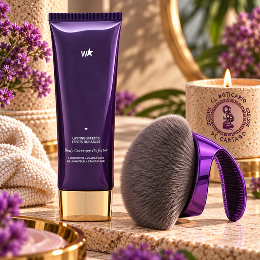 Tubo de Maquillaje Corporal Waterproof Body Coverage Perfector de El Boticario de Cartago junto al cepillo aplicador incluido en el pack