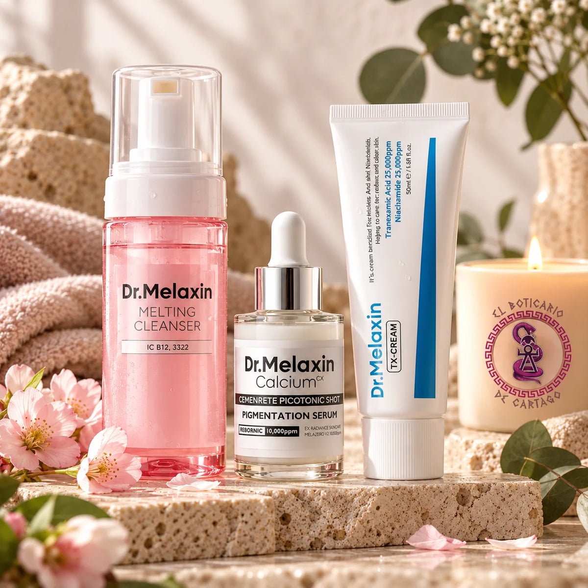 Espuma limpiadora, sérum Picotonic Shot y crema TX-Cream de Dr. Melaxin dispuestos juntos.