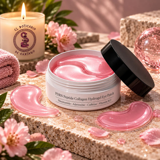 Tarro abierto de parches antiojeras de hidrogel rosa, con dos parches junto al envase