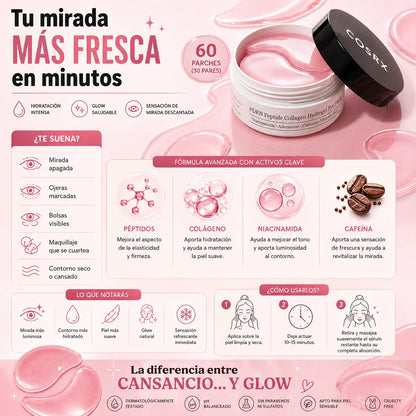 Parches para contorno de ojos con péptidos y colágeno que ayudan a hidratar, iluminar y aportar una sensación de mirada más fresca y descansada