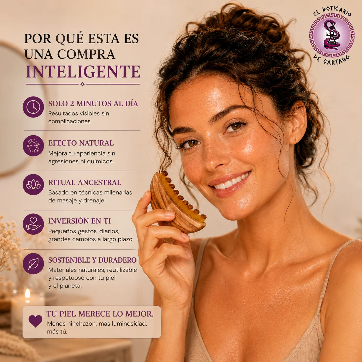 Peine de masaje facial El Boticario de Cartago – beneficios: drenaje linfático, efecto natural y ritual ancestral