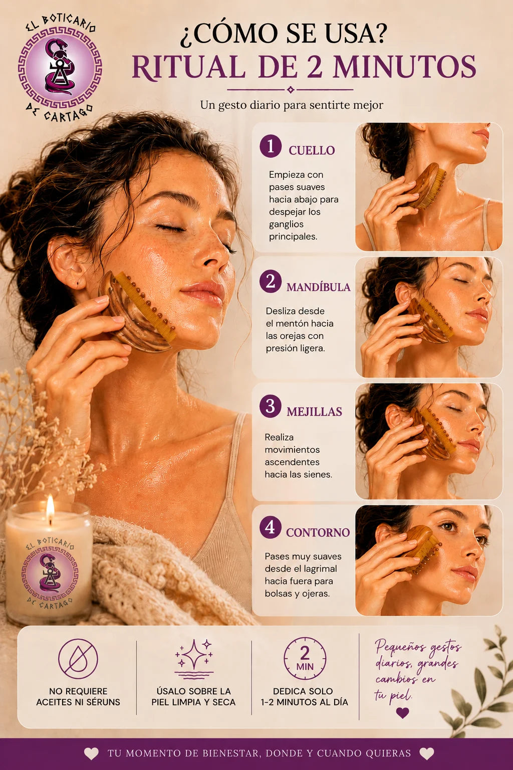 Cómo usar el peine de masaje facial El Boticario de Cartago – ritual de 2 minutos: cuello, mandíbula, mejillas y contorno