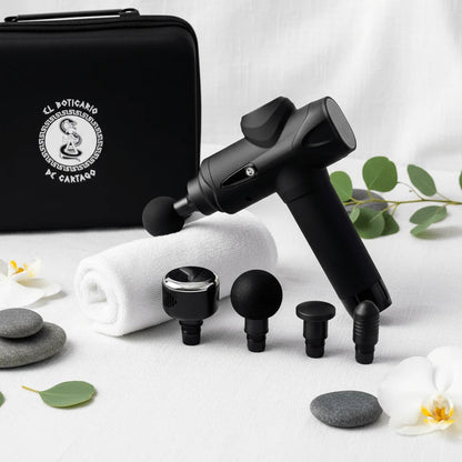 Pistola de masaje profesional con terapia de frío y calor para tratamiento anticelulítico, presentada sobre fondo de lino blanco con elementos spa