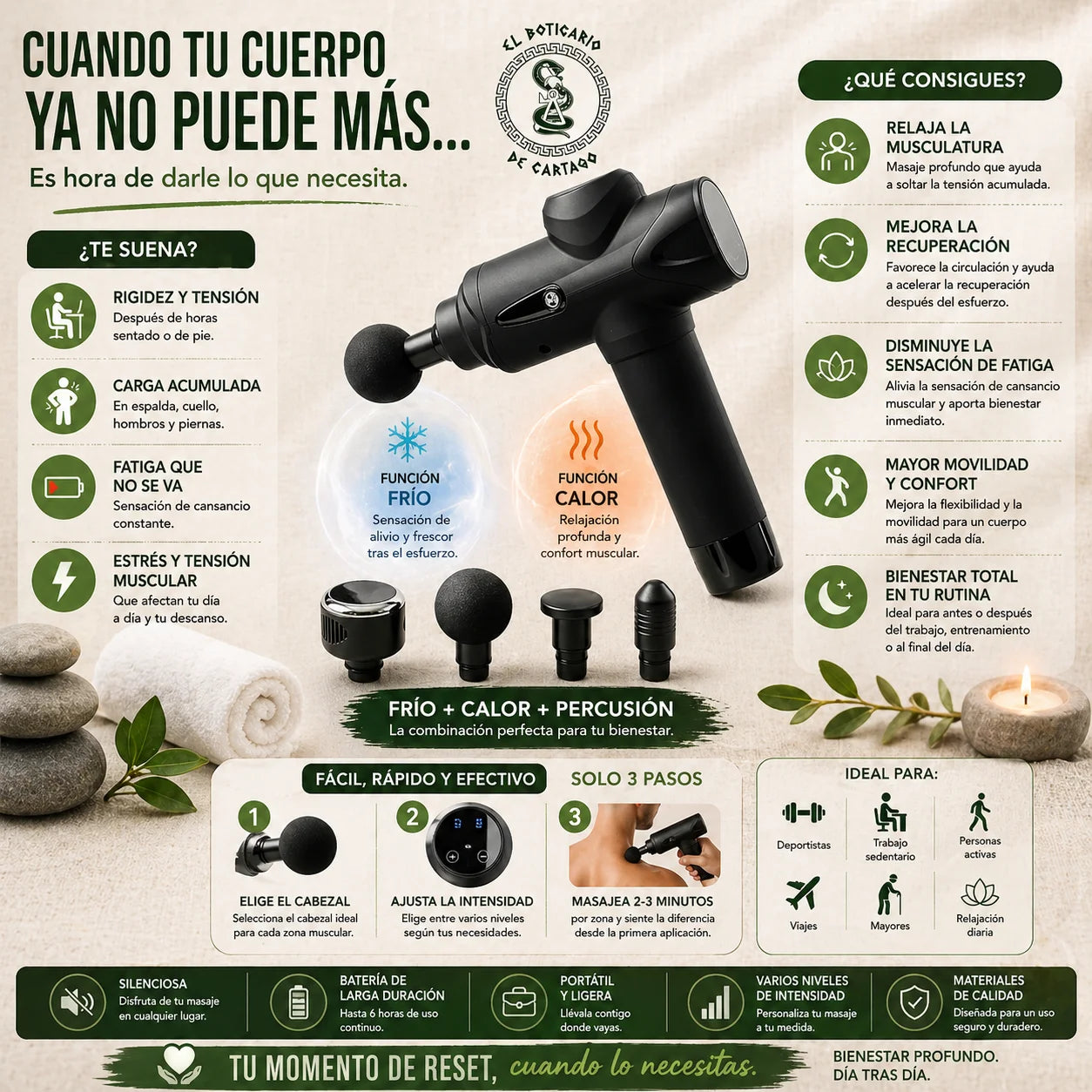 Pistola de masaje muscular con función frío y calor para relajar la musculatura, mejorar la recuperación y aportar confort tras el esfuerzo diario