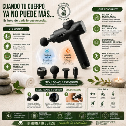 Pistola de masaje muscular con función frío y calor para relajar la musculatura, mejorar la recuperación y aportar confort tras el esfuerzo diario