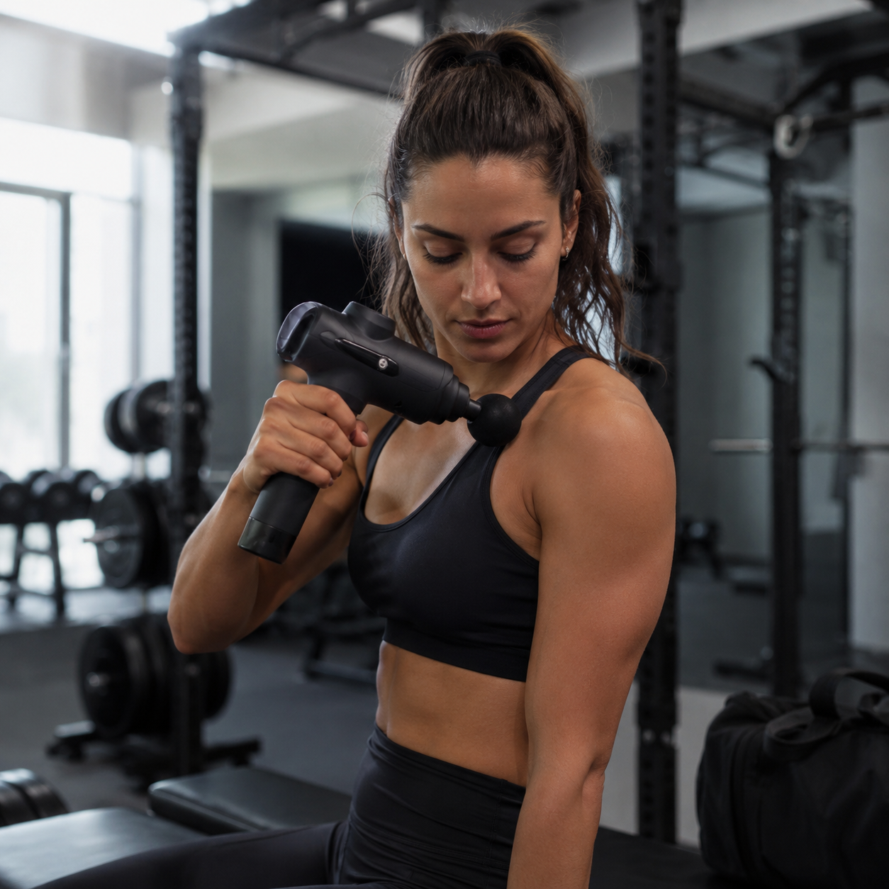 Mujer atlética usando pistola de masaje percusivo profesional en el hombro tras entrenamiento en gimnasio