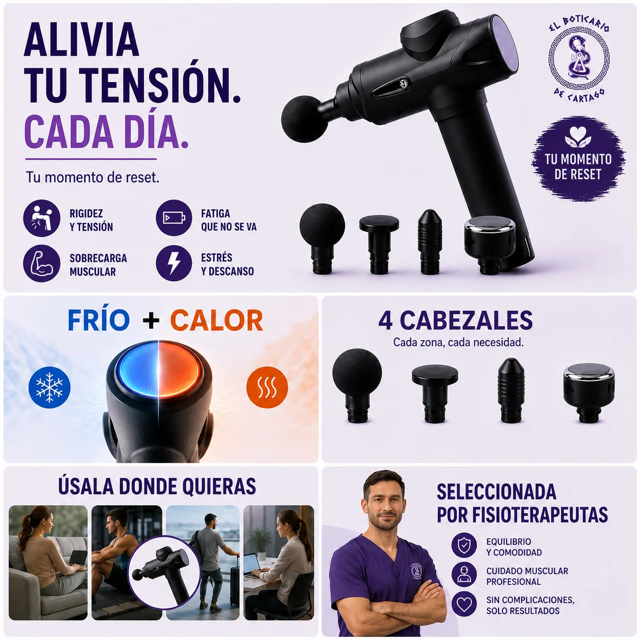 Pistola de masaje profesional con tecnología frío y calor, 4 cabezales intercambiables, seleccionada por fisioterapeutas - El Boticario de Cartago