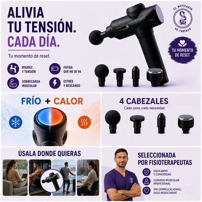 Pistola de masaje profesional con tecnología frío y calor, 4 cabezales intercambiables, seleccionada por fisioterapeutas - El Boticario de Cartago
