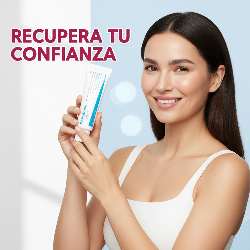 Mujer feliz mostrando crema antimanchas Dr.Melaxin con mensaje recupera tu confianza