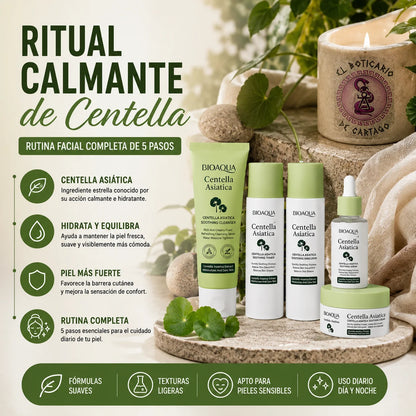 Ritual Calmante de Centella Asiática – rutina facial completa de 5 pasos: limpiador, tónico, emulsión, sérum y crema para piel sensible