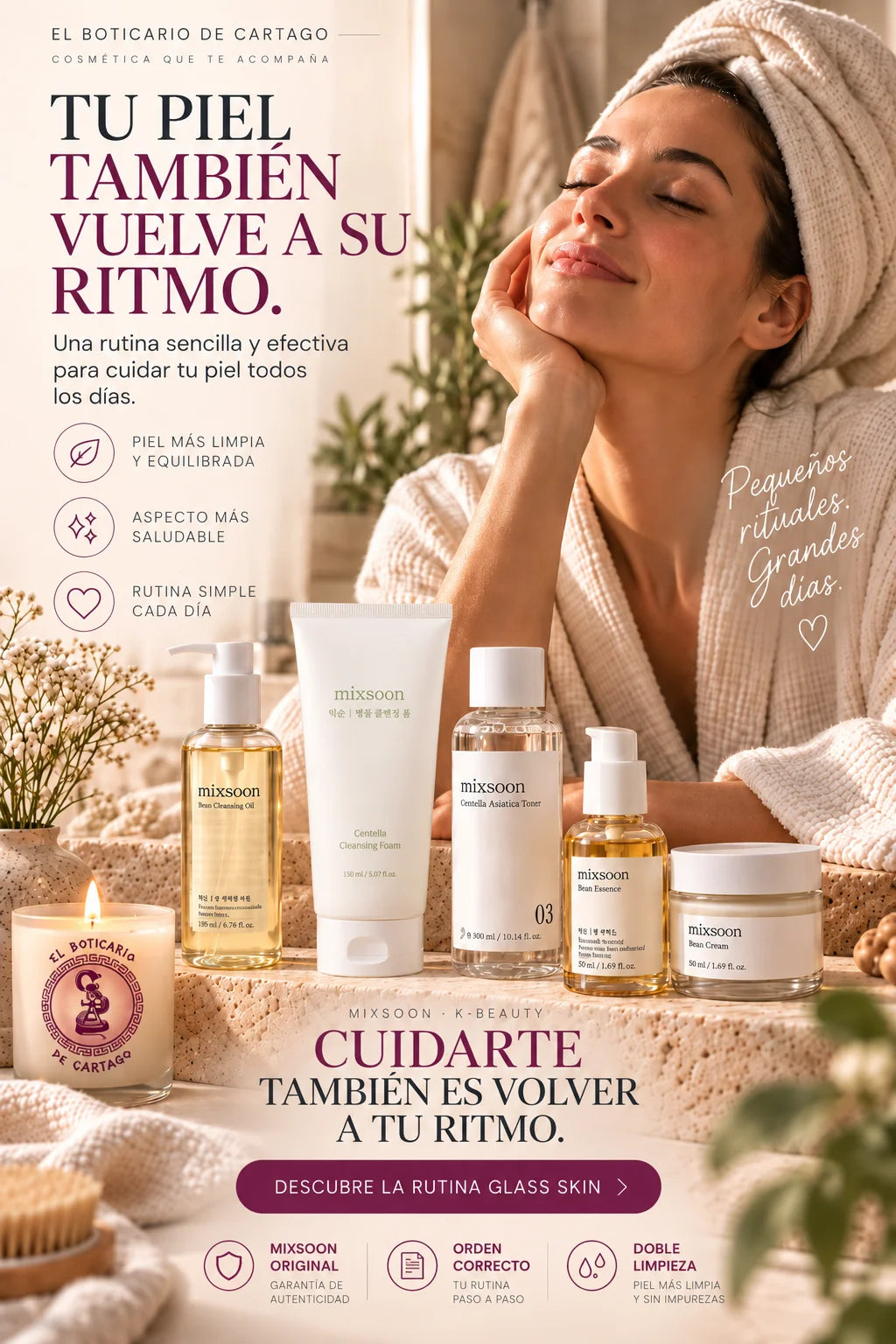 Mujer con albornoz y toalla en el cabello acariciándose el rostro junto a los cinco productos de la rutina Glass Skin Mixsoon.