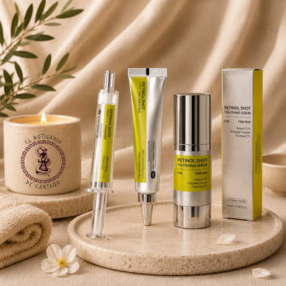 Pack Ritual Retinol Glow – Booster concentrado, Tratamiento Reafirmante y Sérum Retinol Shot Tightening para rutina facial nocturna