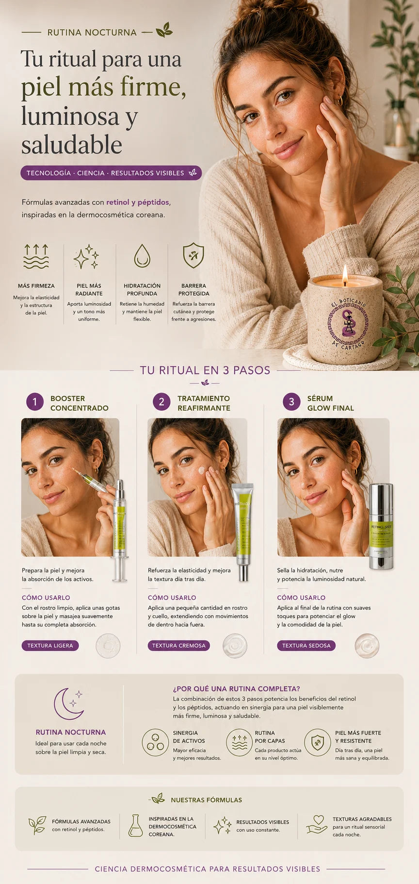 Ritual Retinol Glow – Rutina nocturna en 3 pasos: Booster Concentrado, Tratamiento Reafirmante y Sérum Glow Final