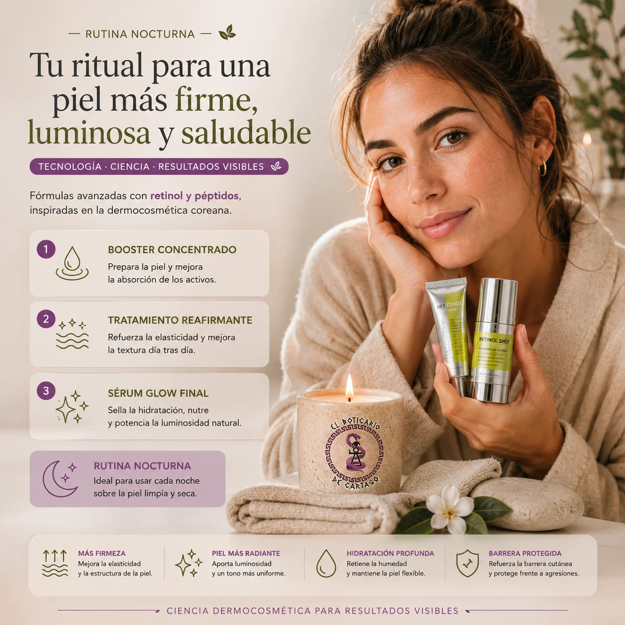 Ritual Retinol Glow – Rutina nocturna en 3 pasos: Booster Concentrado, Tratamiento Reafirmante y Sérum Glow Final para piel más firme y luminosa