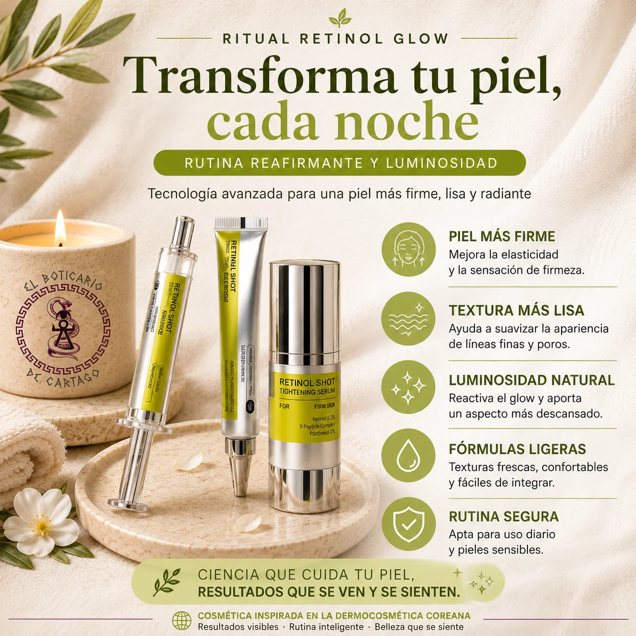 Ritual Retinol Glow – Rutina reafirmante y luminosidad: piel más firme, textura lisa, glow natural y fórmulas ligeras. Cosmética inspirada en dermocosmética coreana