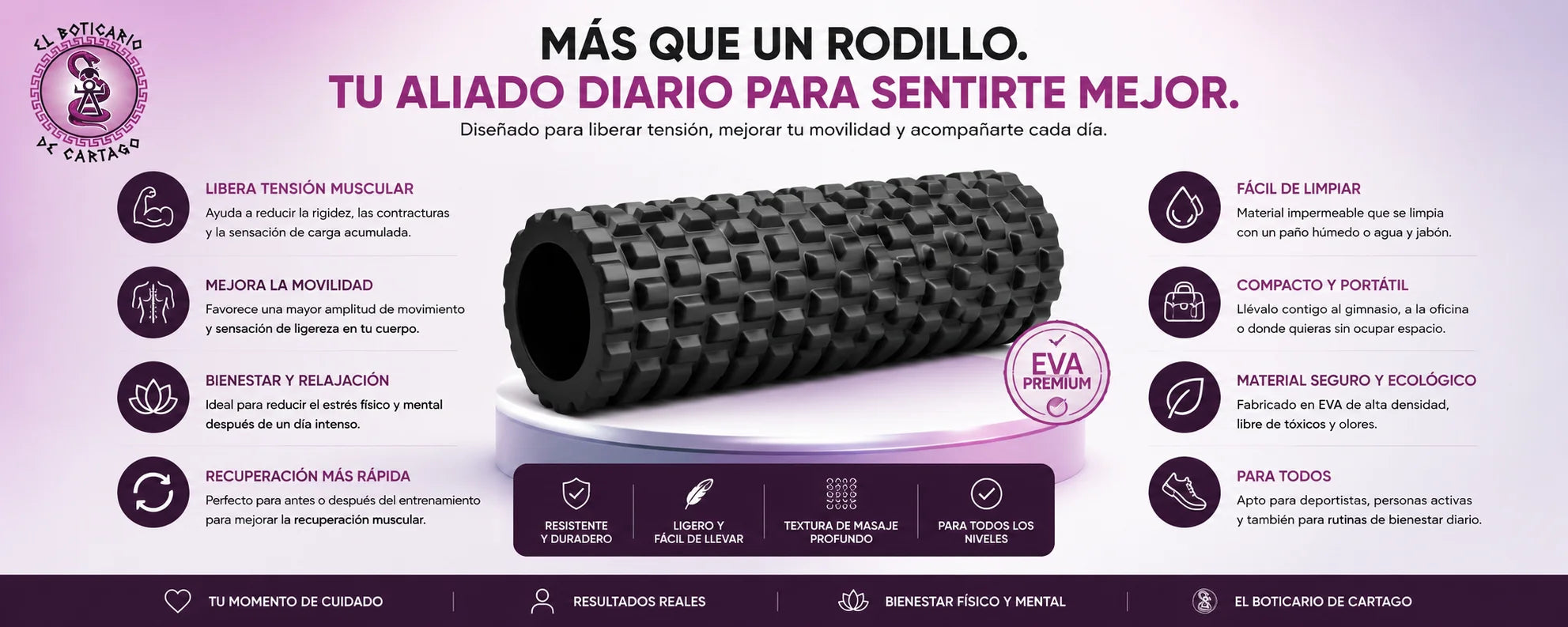 Rodillo de Descarga Muscular Premium El Boticario de Cartago: libera tensión muscular, mejora movilidad, material EVA premium, compacto y portátil