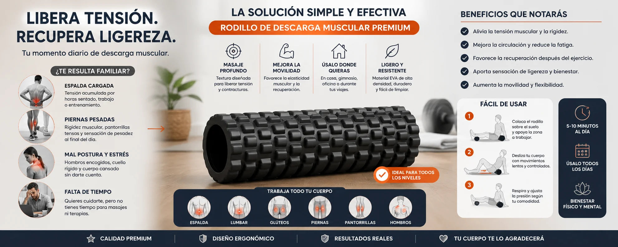 Banner Rodillo de Descarga Muscular Premium: libera tensión, recupera ligereza, masaje profundo para espalda, piernas, glúteos y hombros – El Boticario de Cartago