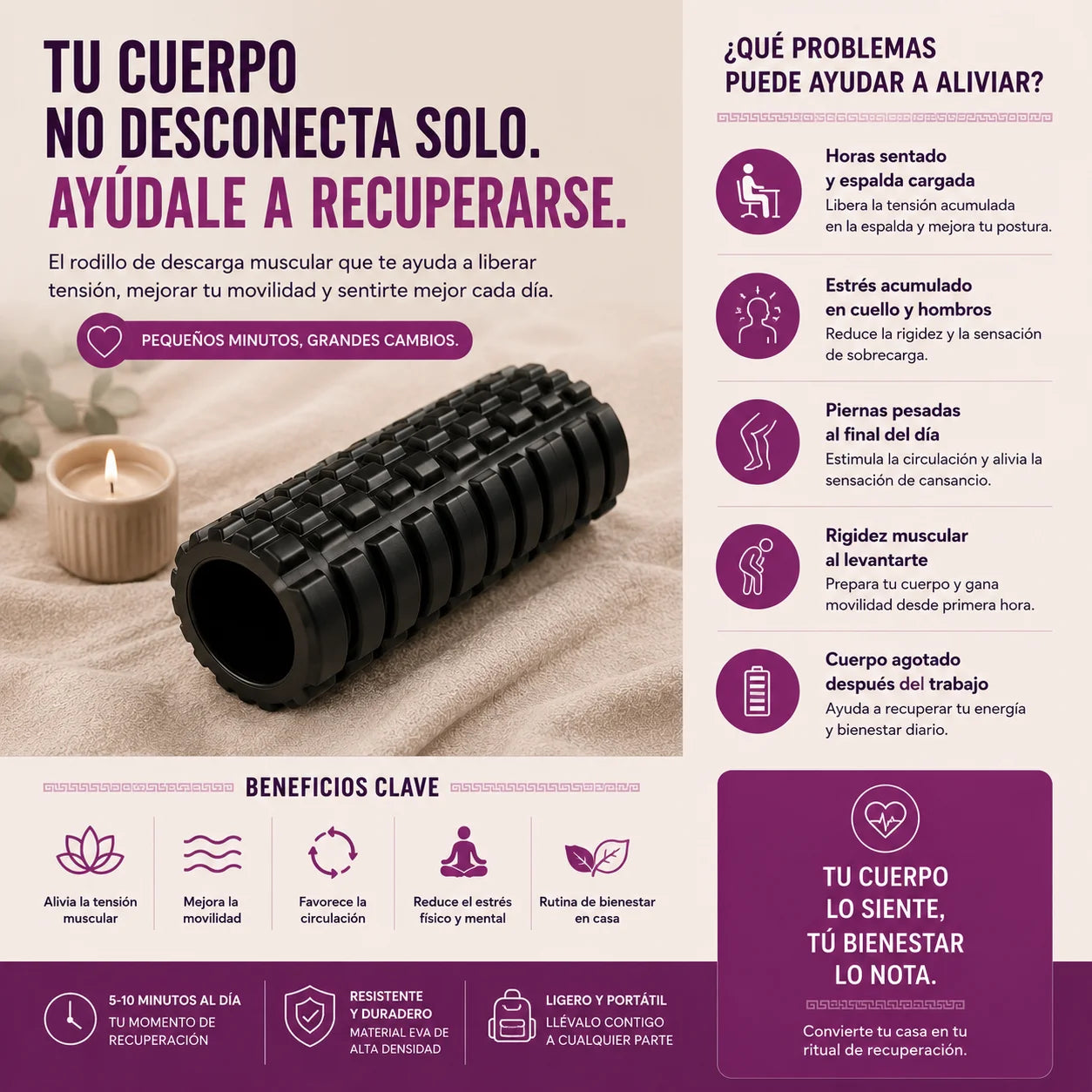 Características principales del Rodillo de Descarga Muscular: masaje profundo, resistente, portátil y bienestar diario – El Boticario de Cartago