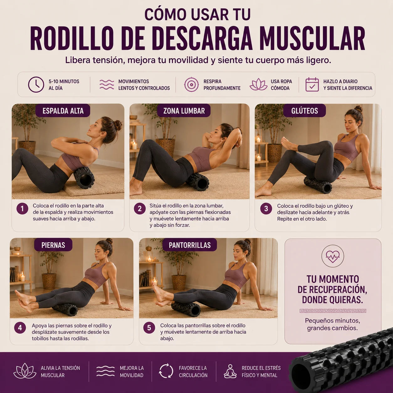 Guía de uso del Rodillo de Descarga Muscular: espalda alta, zona lumbar, glúteos, piernas y pantorrillas – El Boticario de Cartago