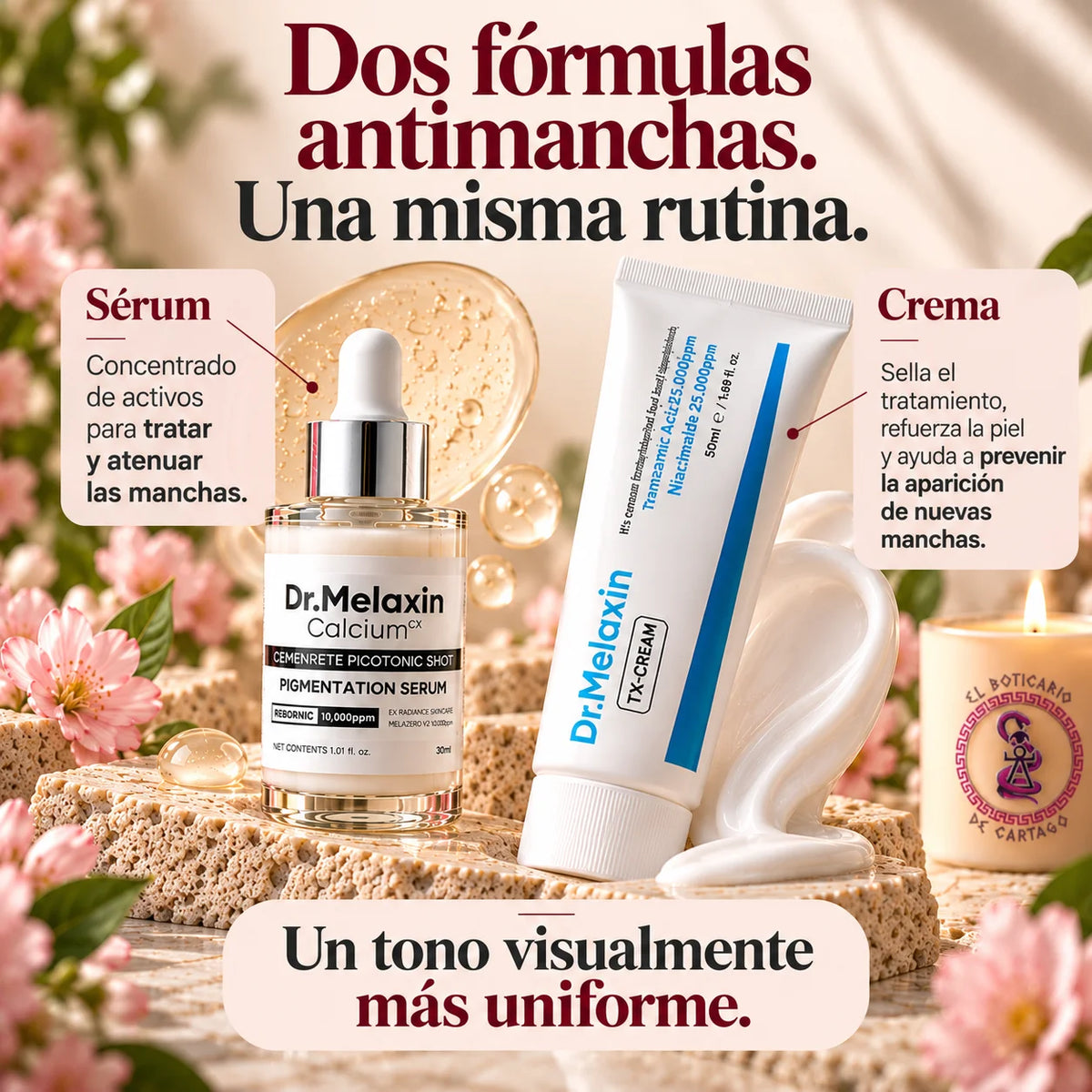 Gráfica de Dr. Melaxin con el sérum Picotonic Shot y la crema TX-Cream, bajo el texto «Dos fórmulas antimanchas. Una misma rutina»