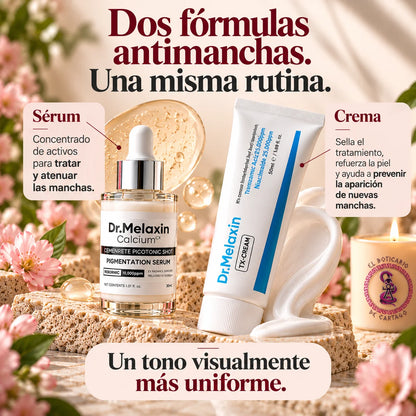 Gráfica de Dr. Melaxin con el sérum Picotonic Shot y la crema TX-Cream, bajo el texto «Dos fórmulas antimanchas. Una misma rutina»