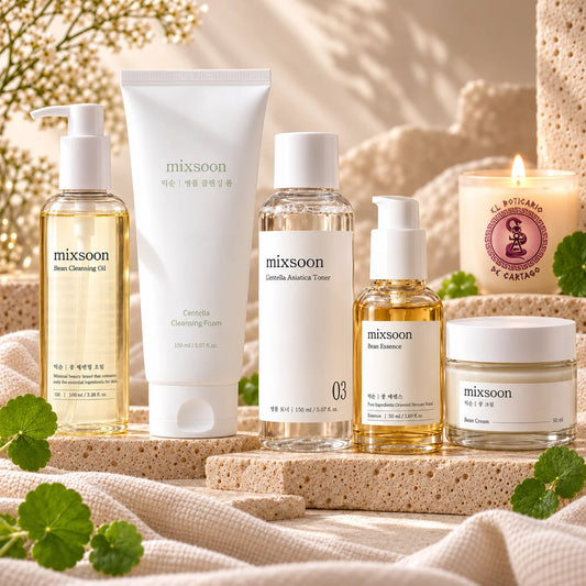 Cinco productos Mixsoon: aceite limpiador Bean, espuma de centella, tónico de centella asiática, esencia Bean y crema Bean.