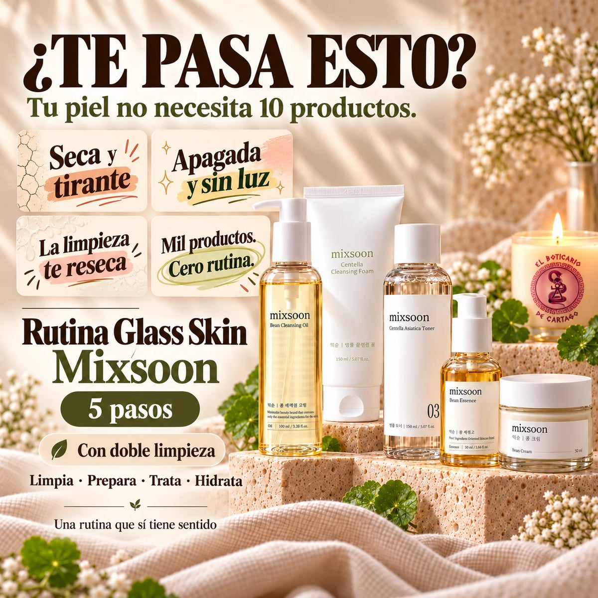 Rutina Glass Skin Mixsoon en cinco pasos: aceite limpiador, espuma de centella, tónico, esencia Bean y crema hidratante Bean.