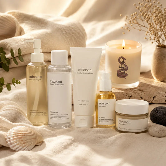 Rutina Mixsoon Glass Skin original, importada directamente de Corea del Sur, presentada en ambiente spa premium de El Boticario de Cartago