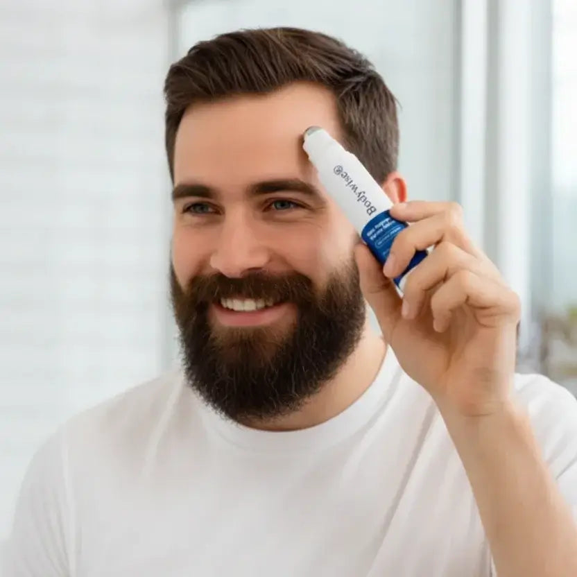 Persona aplicando serum capilar roll-on Bodywise directamente en la línea de nacimiento del cabello para estimular el crecimiento