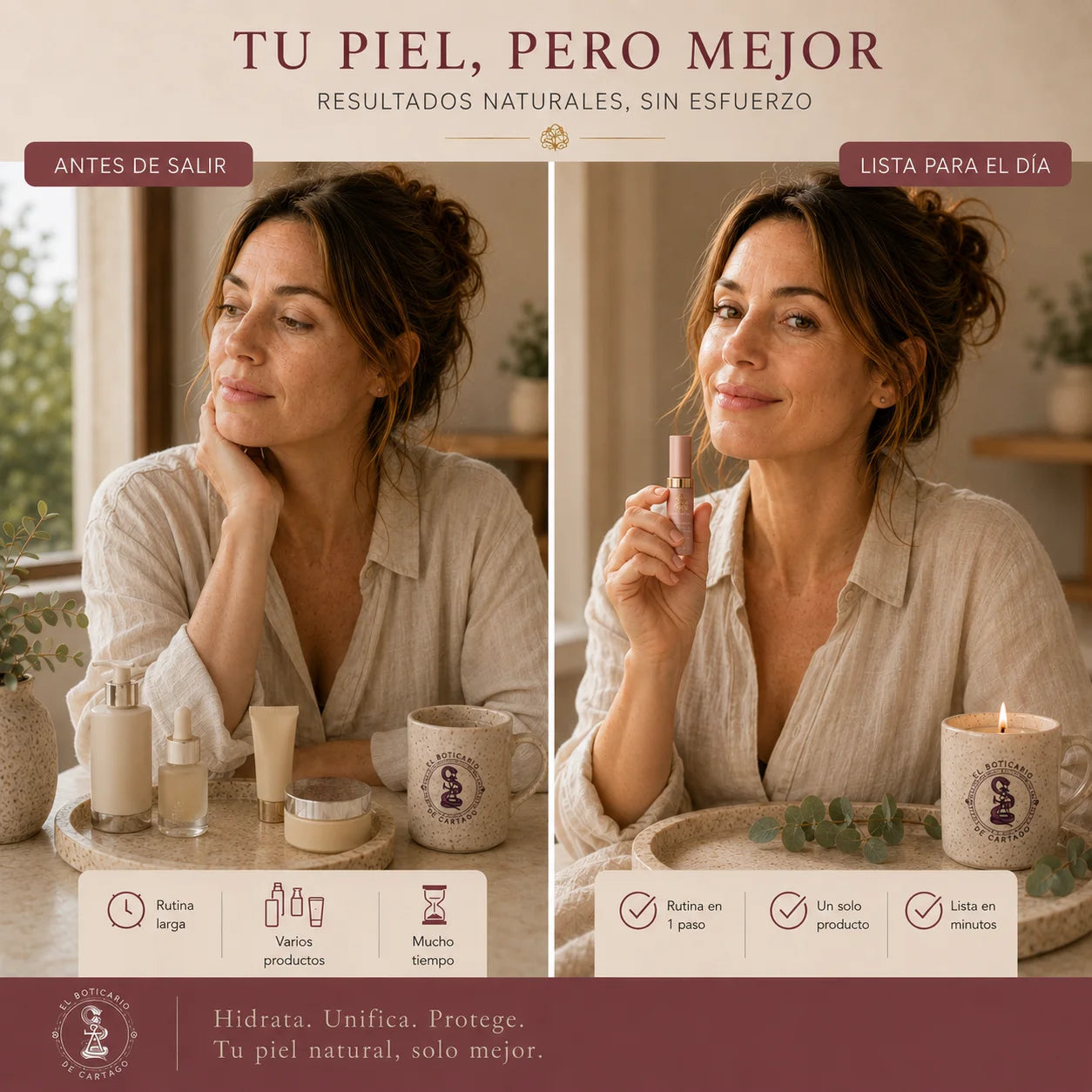 Tu piel, pero mejor · Antes y después con sérum con color SPF 50: rutina en un solo paso, resultado natural — El Boticario de Cartago