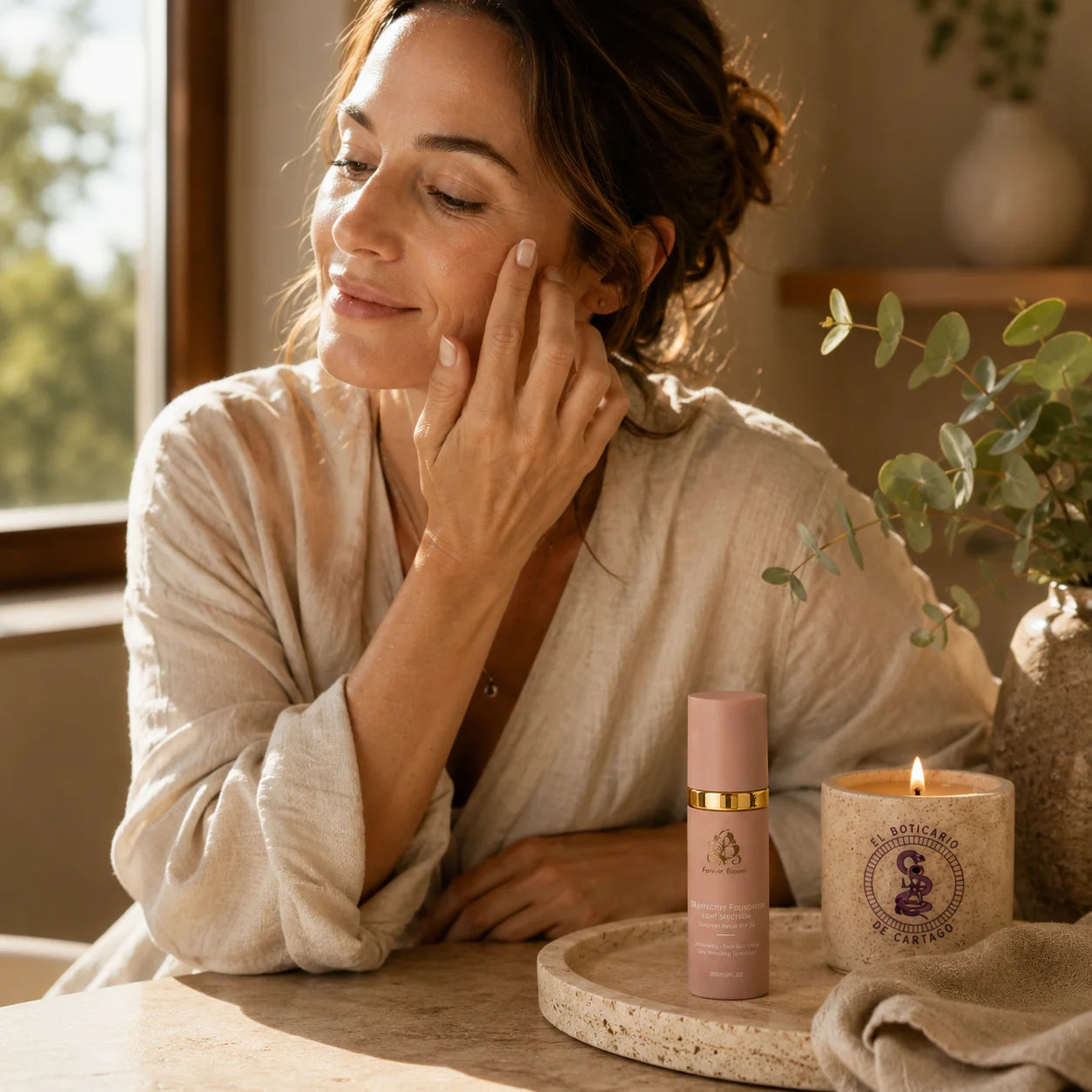 Mujer aplicando sérum con color SPF 50 en su rutina de mañana — Acabado natural e hidratación diaria · El Boticario de Cartago