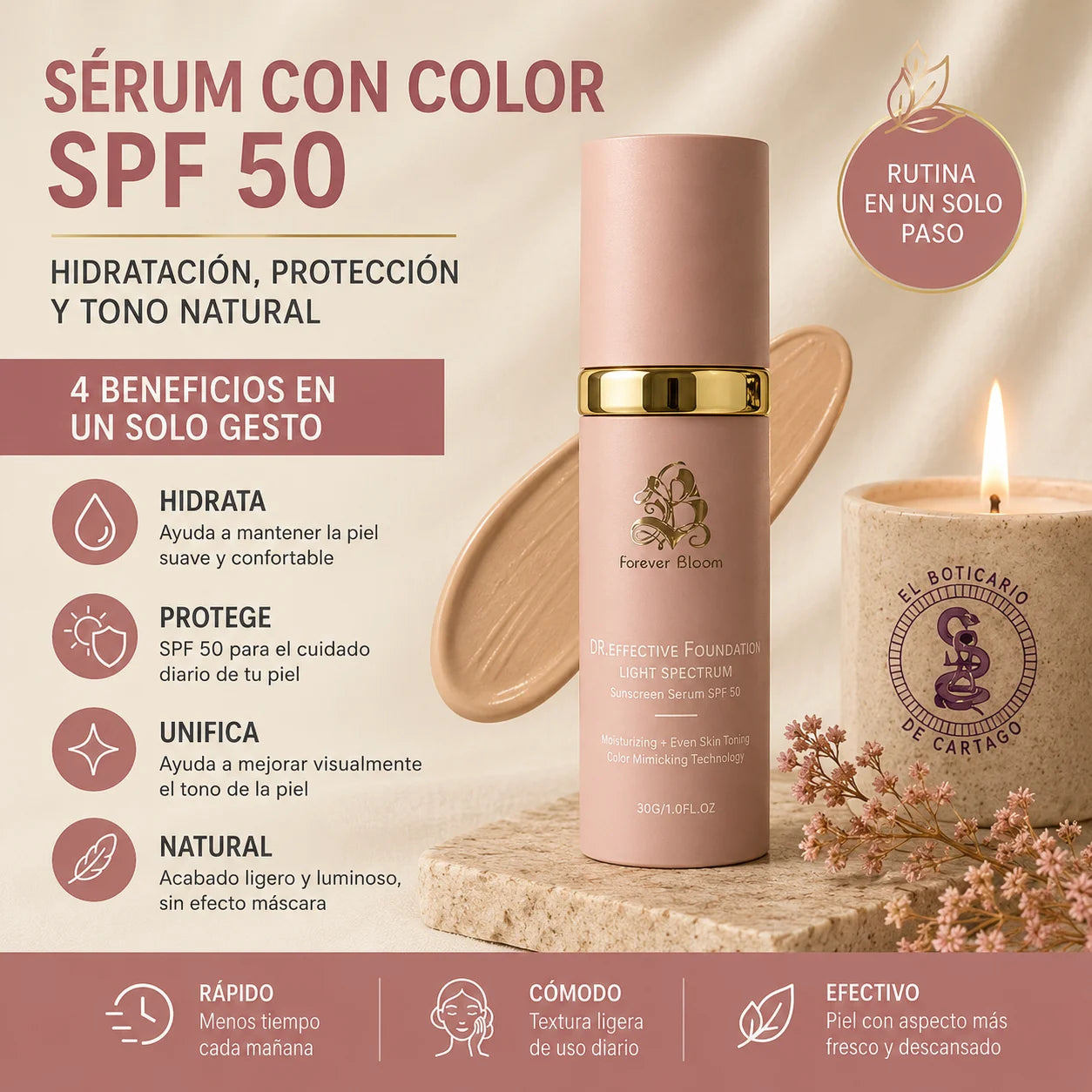 Sérum con Color SPF 50 · 4 beneficios en un solo gesto: hidrata, protege, unifica y acabado natural — El Boticario de Cartago