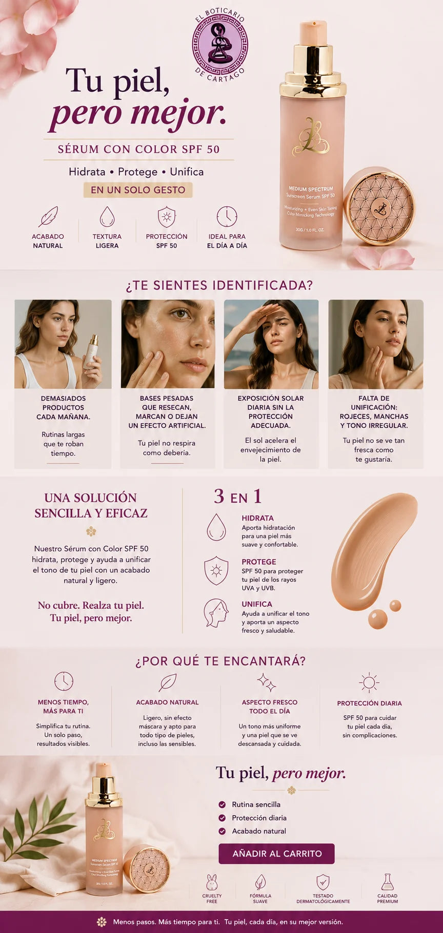 Infografía sérum con color SPF 50 · Tu piel, pero mejor: hidrata, protege y unifica en un solo gesto — El Boticario de Cartago