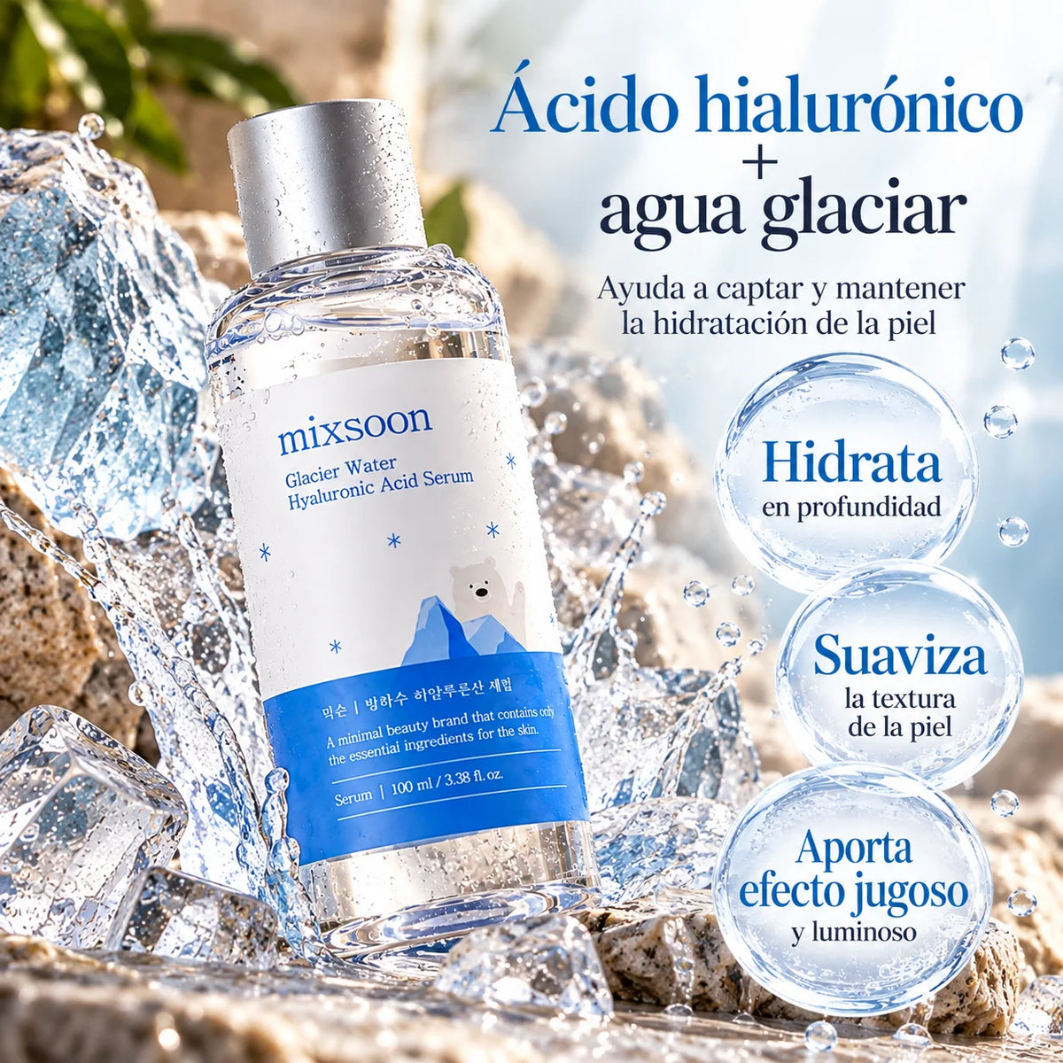 Frasco del sérum Glacier Water Hyaluronic Acid de mixsoon entre agua y hielo, con texto sobre hidratación y suavidad.