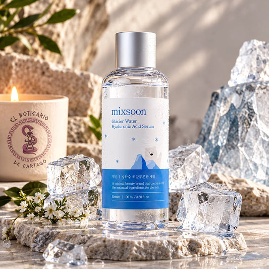 Frasco de 100 ml del sérum Glacier Water Hyaluronic Acid de mixsoon sobre piedra, rodeado de hielo y flores blancas.	⠋