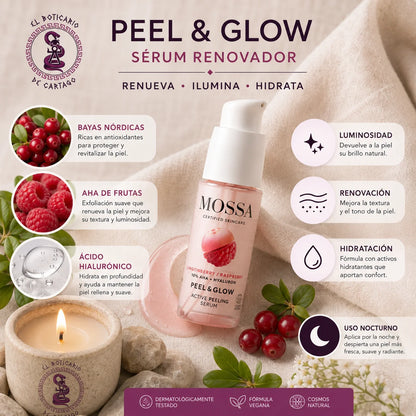 Infografía del sérum renovador Peel & Glow de MOSSA con AHA de frutas, ácido hialurónico y bayas nórdicas para luminosidad, renovación e hidratación facial.