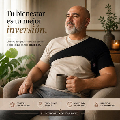 Imagen lifestyle cuadrada de hombre relajado usando soporte de hombro con turmalina de El Boticario de Cartago en un salón cálido con mensaje motivacional sobre bienestar y confort diario.