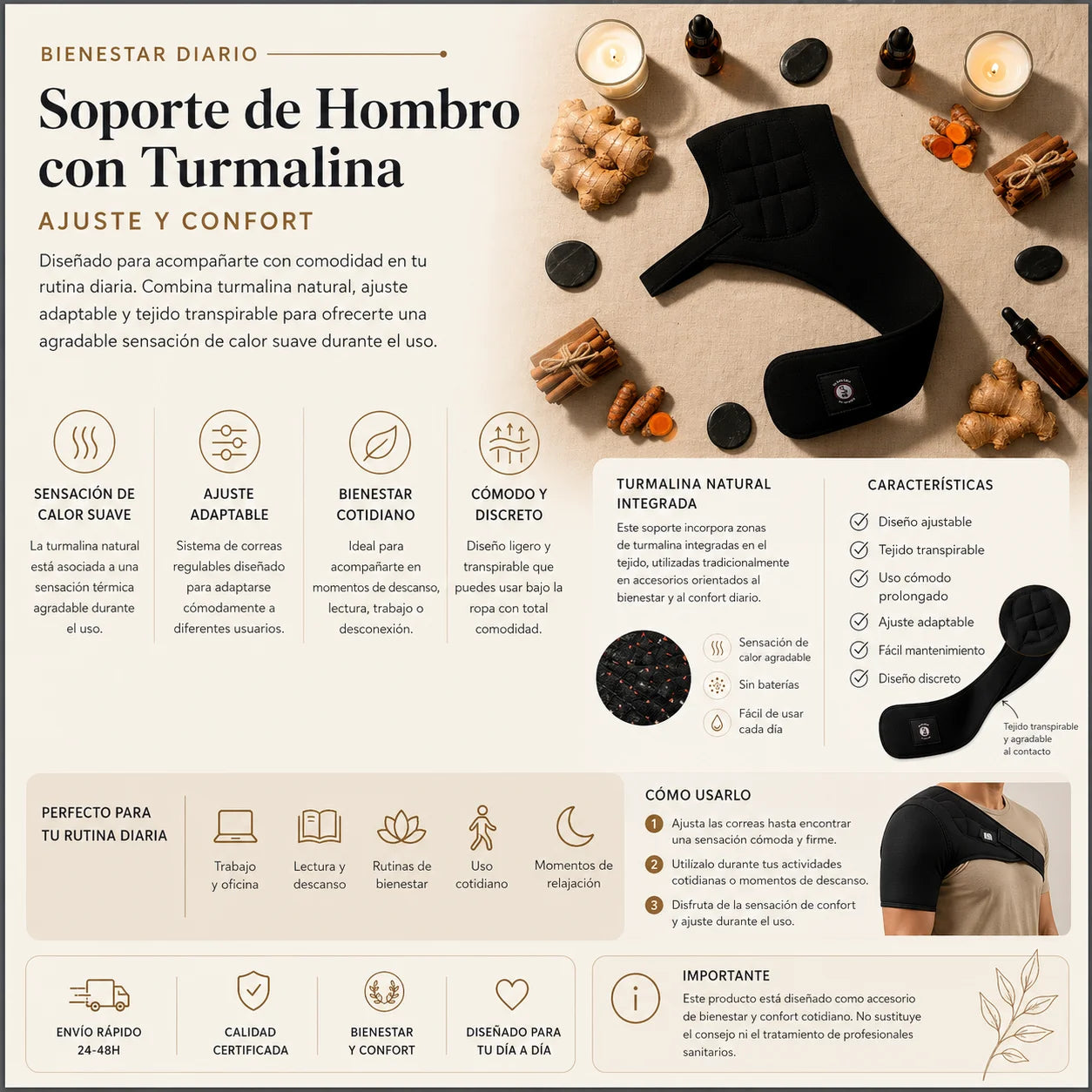 Infografía cuadrada de soporte de hombro con turmalina de El Boticario de Cartago sobre fondo beige estilo wellness con información de ajuste cómodo, sensación de calor suave y uso diario.