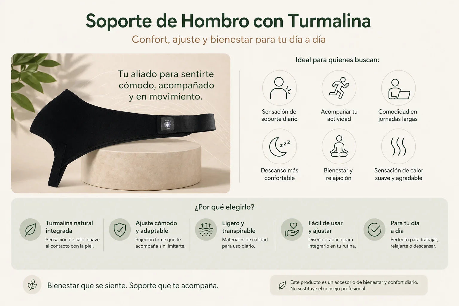 Infografía cuadrada de soporte de hombro con turmalina de El Boticario de Cartago mostrando ajuste cómodo, sensación de calor suave, bienestar diario y diseño transpirable en estilo wellness minimalista.