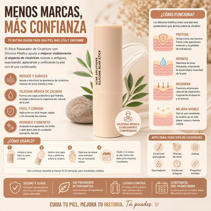 Stick reparador de cicatrices con silicona médica para mejorar visiblemente la apariencia de marcas, suavizar la piel y unificar la textura con uso continuado